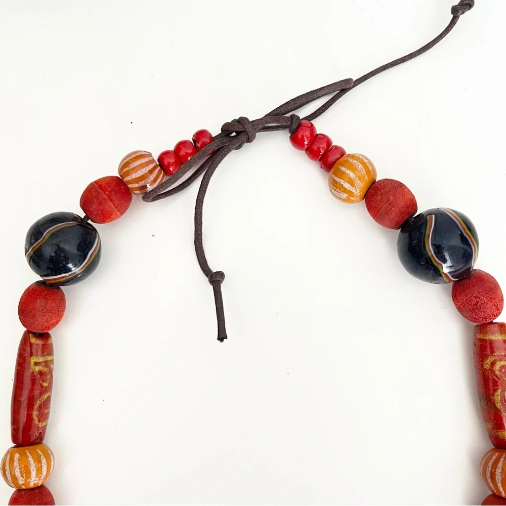 Handcrafted Chunky Ceramic Bead Statement Necklace Ganesha Charm from India Boho